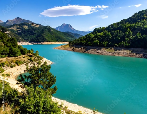 A serene lake surrounded by mountains and lush greenery under a clear blue sky