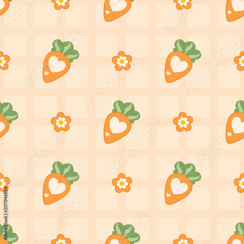 Cute Carrot and Daisy Seamless Pattern on Pastel Checkered Background
