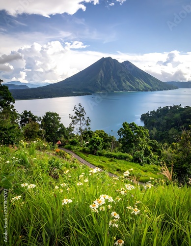 A serene landscape of a lush green mountain by a calm lake