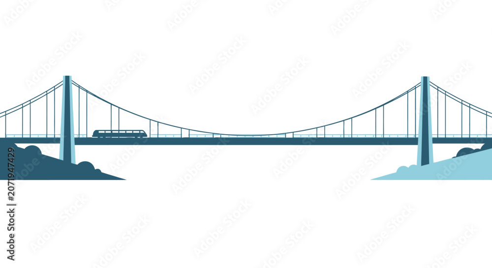 Fototapeta premium Modern Suspension Bridge with Bus Crossing, Vector Illustration, Flat Design