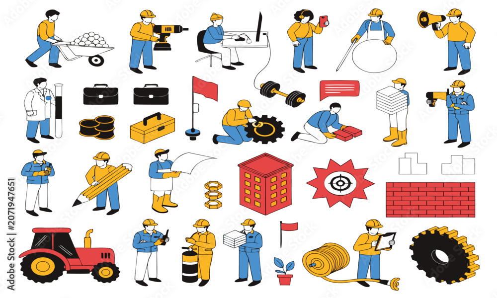 Fototapeta premium Construction Worker Icon Set of Maintenance Tools, Machinery Operation, Surveying, and Building Tasks in Isometric Minimal 3d Styl