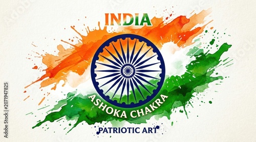 Vibrant ashoka chakra indian patriotic art with tricolor splash