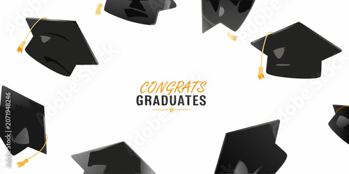 Obraz na plátně Black graduation caps with gold tassels arranged around a congratulatory message