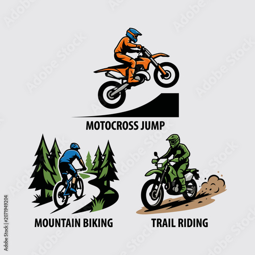 Motocross Jump, Mountain Biking and Trail Riding Logos — Off-Road Cycling and Motorcycle Adventure Icons