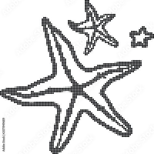 Starfish silhouettes in halftone dot style isolated on grey background creating summer beach decorative design elements.