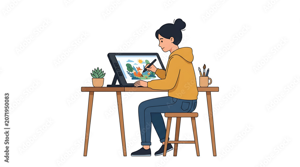 Fototapeta premium Young woman artist drawing a fox illustration on a digital graphic tablet