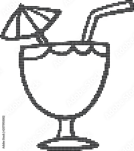 Summer tropical cocktail drink icon with umbrella and straw in halftone dot style isolated on grey decorative background.