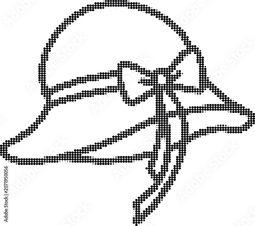 Sun hat with bow ribbon halftone vector drawing isolated on transparent background for summer vacation design element.