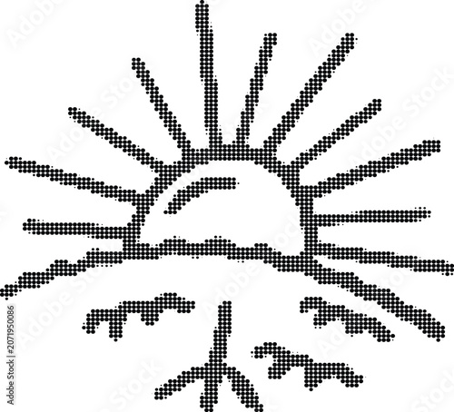 Sun rising over ocean waves in halftone dot style black and white vector illustration isolated on transparent background.