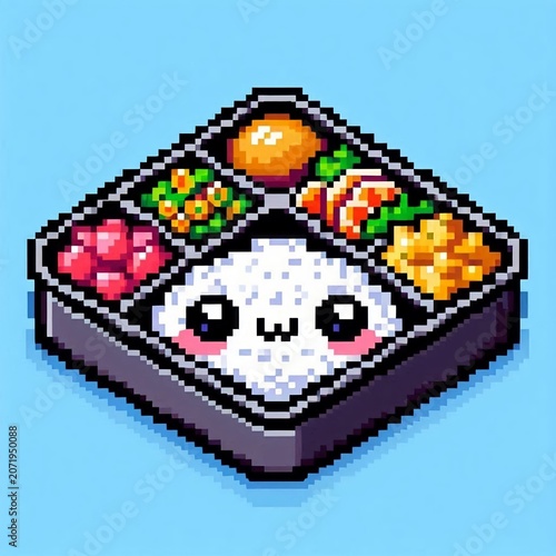 Cute pixel art Japanese bento box with funny face rice ball and side dishes