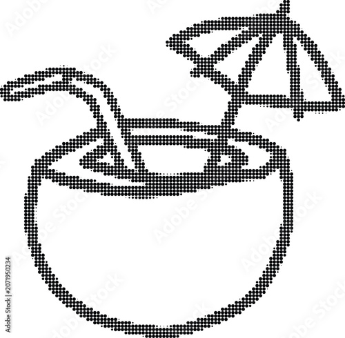 Tropical cocktail drink with umbrella in halftone dotted style for summer vacation party graphic on transparent background.