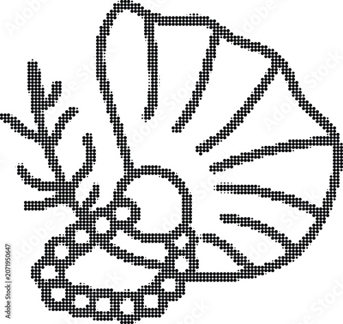 Vector illustration of seashell made of black dots on gray checkered background, perfect for marine life themes and artistic projects.