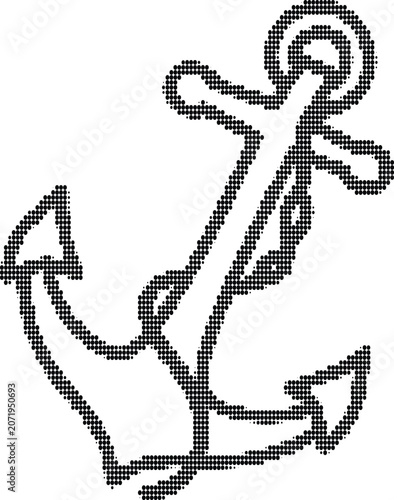 Vintage ship anchor halftone vector illustration with chain details and classic nautical maritime equipment silhouette.