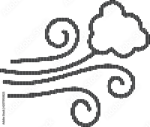 Weather icon featuring wind blowing clouds and swirling air streams in creative halftone dot pattern for climate design.