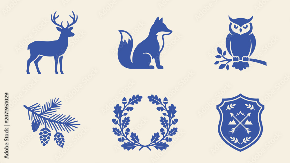 Fototapeta premium Woodland animal and nature vector icons set featuring deer fox owl pine branch oak wreath and shield emblem for rustic branding