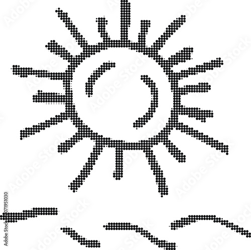 Summer sun over sea waves halftone vector illustration isolated on transparent background for tropical vacation design.