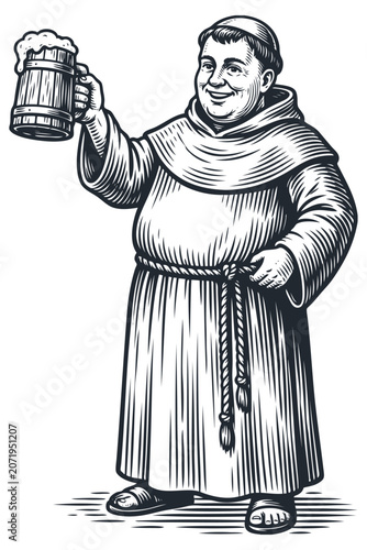 Vector engraving illustration of a cheerful medieval monk holding a wooden tankard of beer. Vintage monochrome graphic isolated on white.