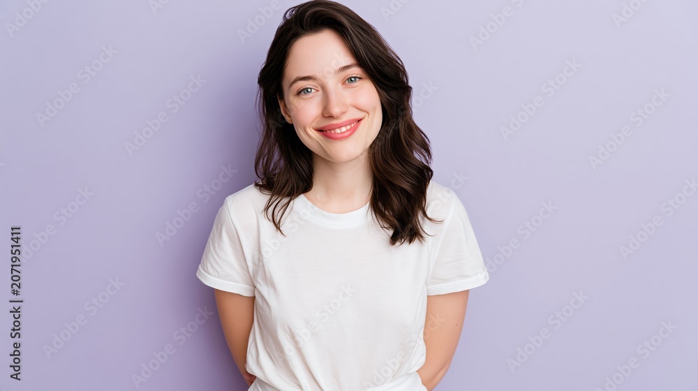 Obraz premium Young western woman wearing a white tshirt and light shorts in a relaxed summer casual style that represents comfortable warm weather fashion popular in Europe and America.