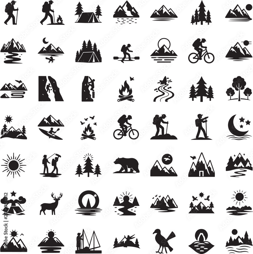 Fototapeta premium Set of adventure camping and mountain sport icons with adventure