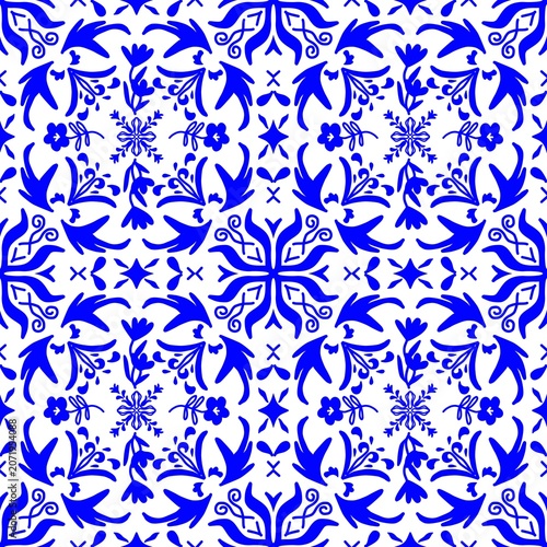 Abstract blue and white seamless pattern creative symmetrical geometric flourishes modern ceramic tile design elegant fluid shapes for contemporary wallpaper textile background