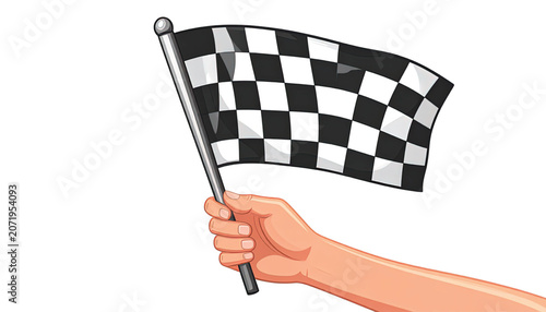 Hand holding checkered racing flag.