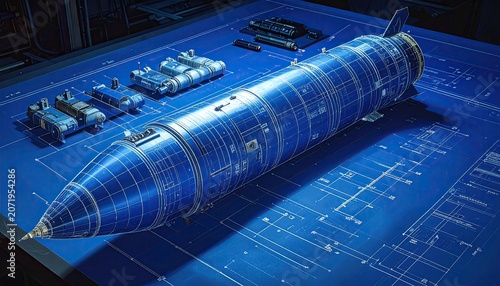 Blueprint of a Submarine Hull on Technical Drawing Table