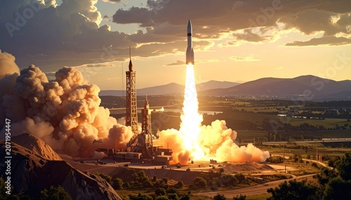 Rocket Launch From Launch Pad at Sunset with Smoke Clouds