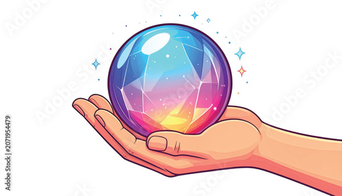 Hand holding colorful crystal ball.