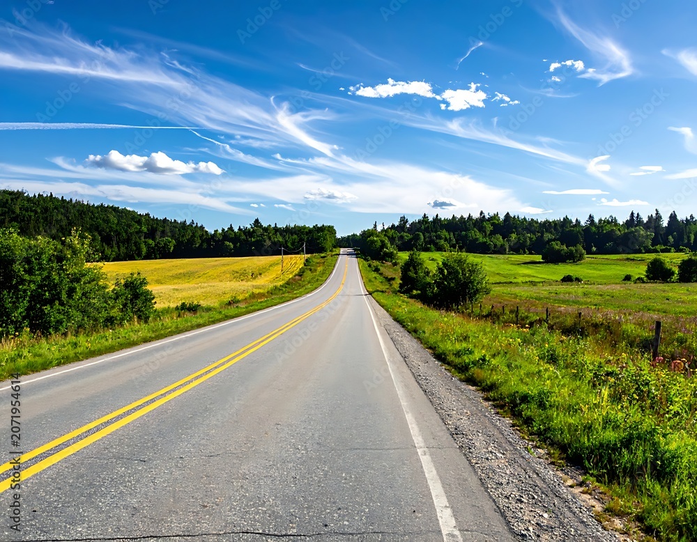 Naklejka premium A serene road stretching through a countryside landscape