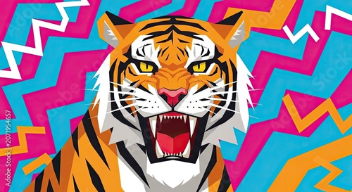 Roaring tiger head on colorful geometric background.