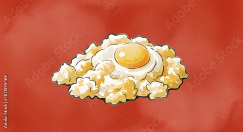 Artistic illustration of two sunny side up fried eggs with fluffy white edges set against a red watercolor background