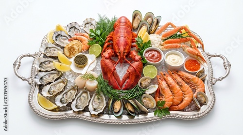 Luxurious chilled seafood platter featuring a whole lobster, fresh oysters, jumbo prawns, crab legs, and caviar elegantly presented on ice in an ornate silver tray for a premium fine dining experience