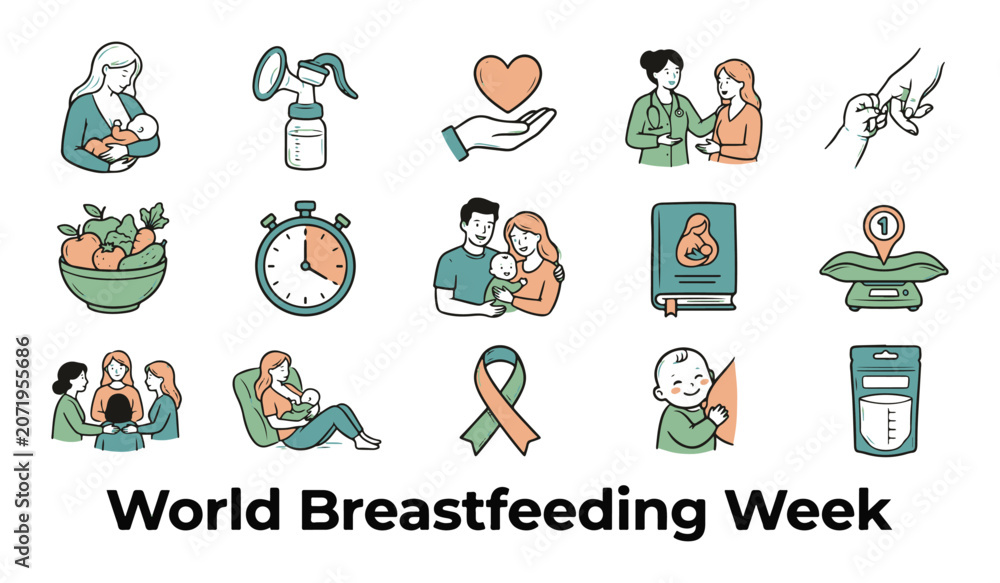 Fototapeta premium World Breastfeeding Week Icons Set. Collection of Breastfeeding, Motherhood, and Baby Care Vector Symbols with Text