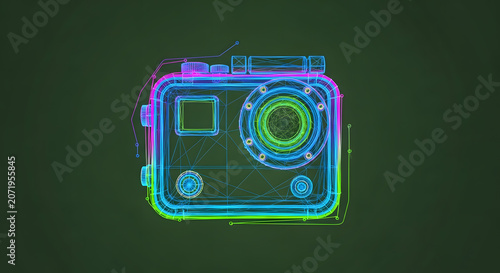 Neon Linear Illustration of a Compact Action Camera Outline on a Dark Textured Background for Creative Digital Media