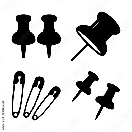 Black office push pins and paper clips set - Minimalist vector illustration of black push pins and paper clips arranged neatly for office or stationery use.