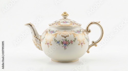 Vintage white porcelain teapot decorated with a delicate hand-painted floral pattern and gold-plated trim, isolated on a white background.