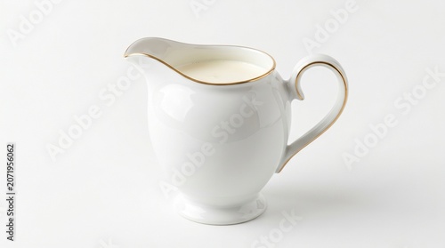 Elegant white porcelain creamer or milk jug with a gold-plated rim, filled with cream, isolated on a white background.