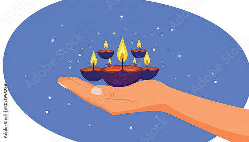 Hand holding diya lamps with candles.