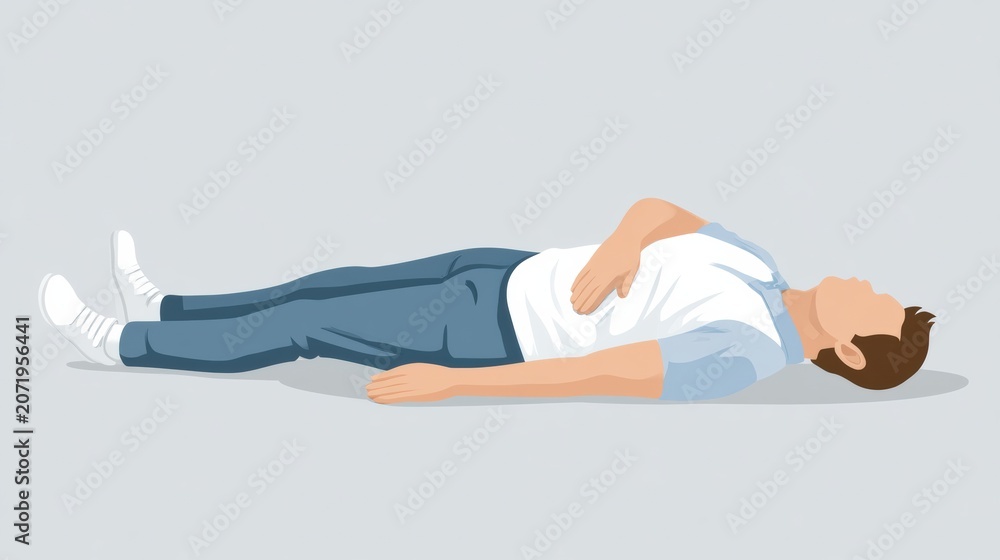 Fototapeta premium A person is lying on their side in the recovery position on a light gray background.