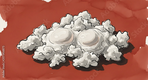 Hand Drawn Illustration of Two Sunny Side Up Eggs Served Over a Fluffy Bed of White Rice on a Rich Red Background