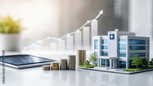 Hospital join business concept with modern building, financial growth, coin stack, digital tablet, and upward graph for investment success