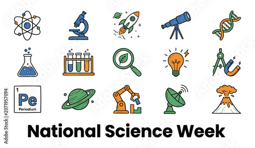 Set of Colorful Science Icons with National Science Week Text, Vector Illustration