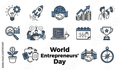World Entrepreneurs' Day Concept Vector Icon Set: Startup, Business, Innovation, and Success Line Art Collection