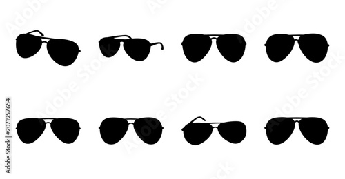 Assorted black sunglasses flat design collection - A stylish set of eight black sunglasses in a clean, flat design layout perfect for fashion or lifestyle stock imagery.