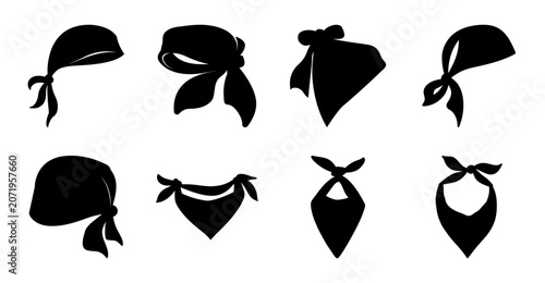 Black bandana styles flat design collection - Eight stylish black bandanas tied in various trendy ways, perfect for fashion or editorial use in vector format.