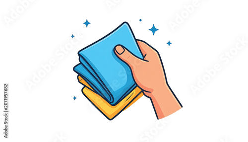Hand holding folded cleaning cloths.