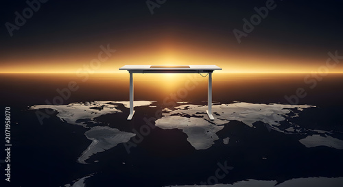 Futuristic Architecture Structure Spanning Over a World Map at Golden Hour Sunrise Horizon