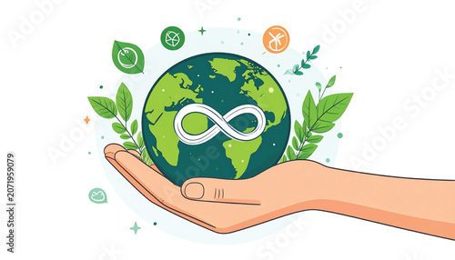 Hand holding green earth globe symbol.