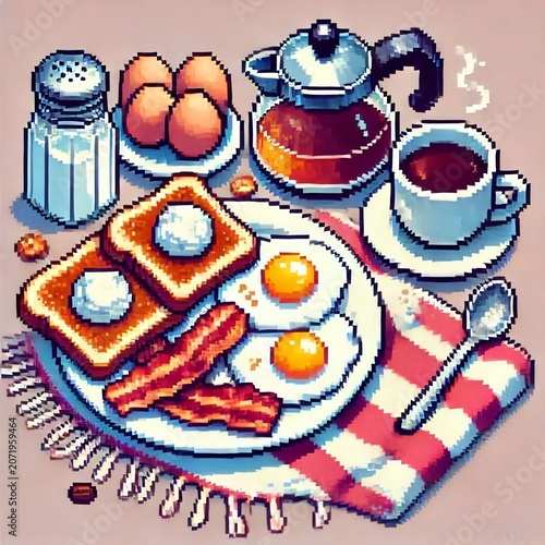 Pixel art breakfast illustration with fried eggs bacon and toast on wooden table