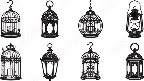 Foto Vintage lanterns and birdcages illustration set